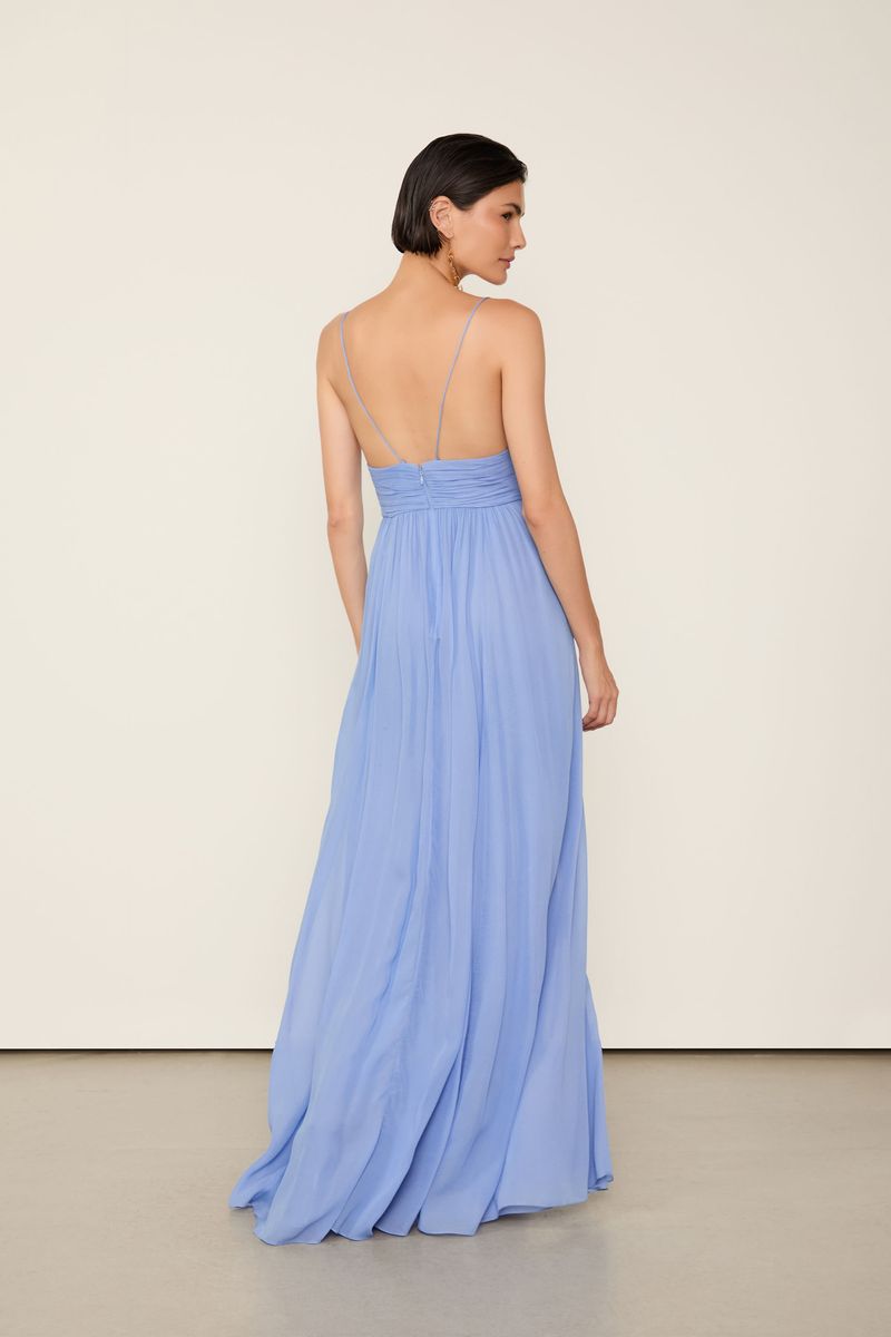 Vestido De Geogette Leve Longo Azul Fendas