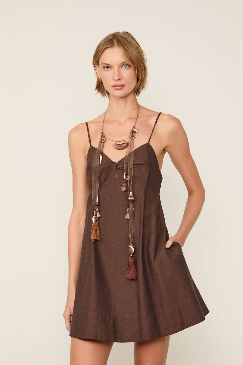 Vestido De Algodão Godê Curto Marrom