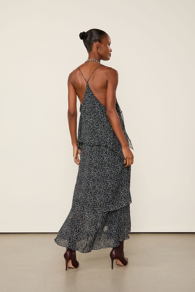 Vestido De Georgette Leve Midi Camadas De Alça Estampado