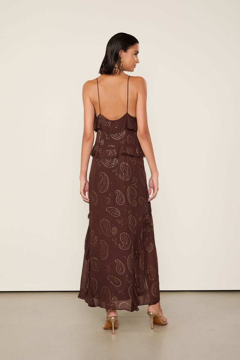 Vestido Alcinha De Georgette Longo Marrom Dries Com Hot Fix