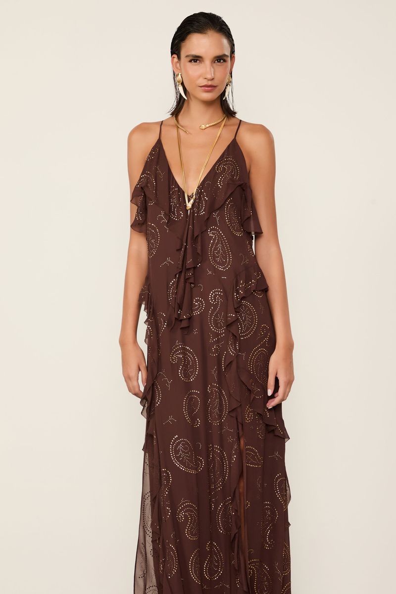 Vestido Alcinha De Georgette Longo Marrom Dries Com Hot Fix