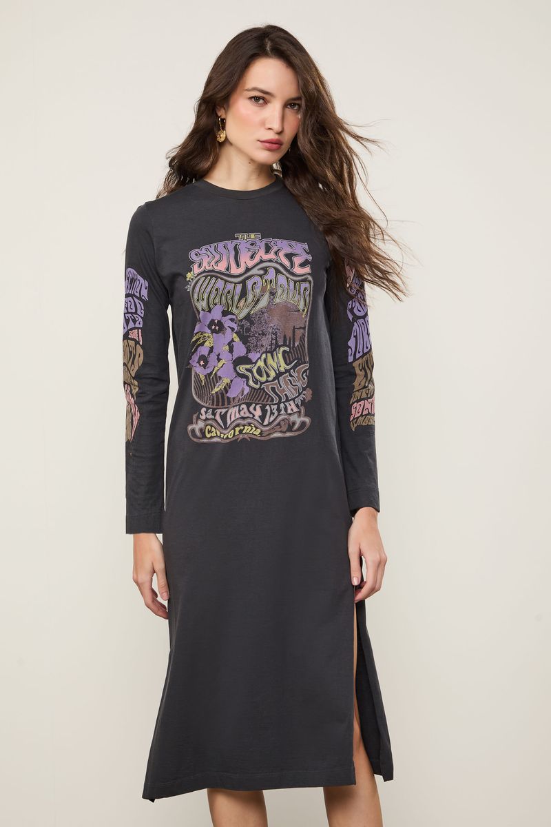 Vestido De Malha Fun Manga Longa Com Fenda Preto