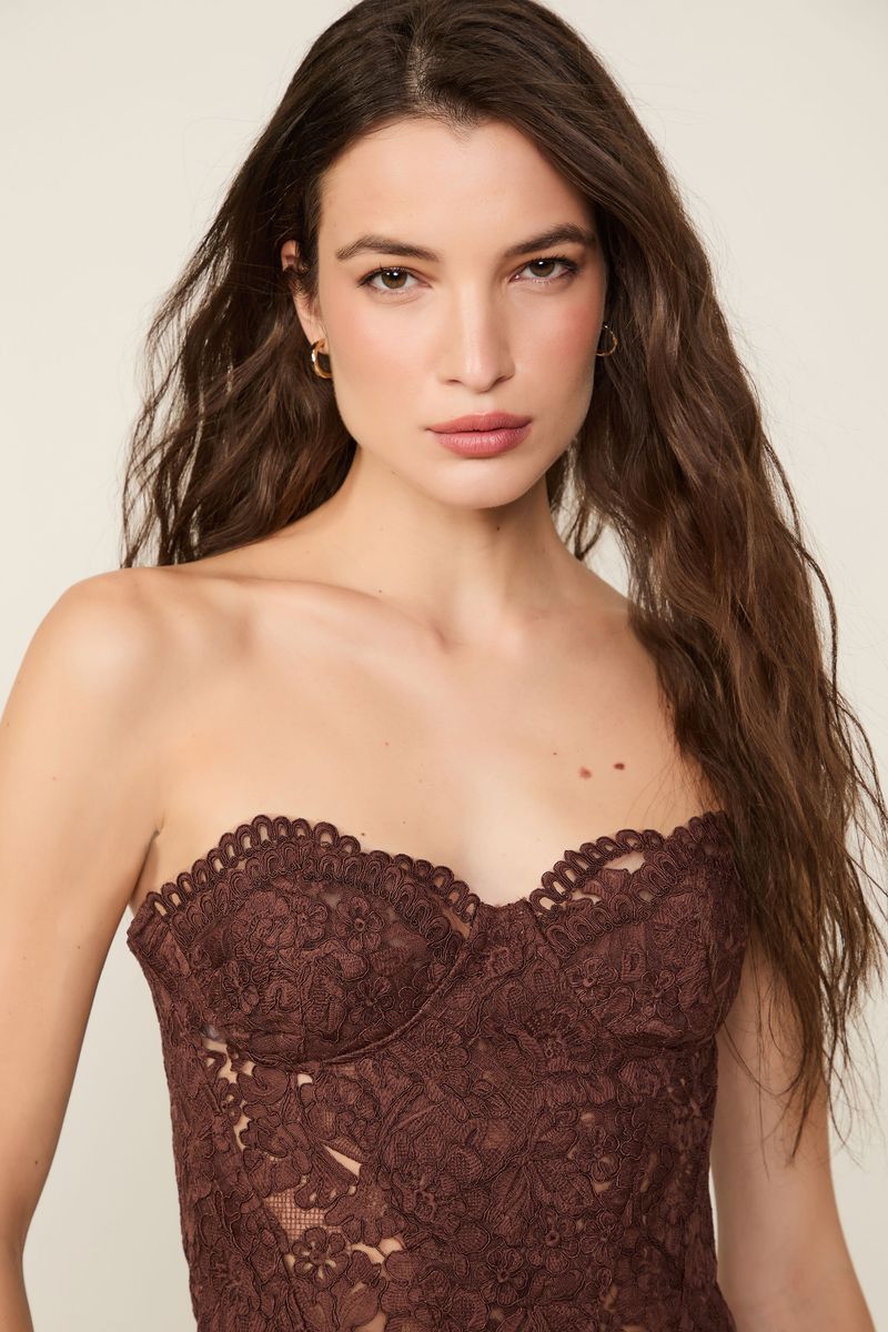 Corset De Renda Midi Marrom Dries