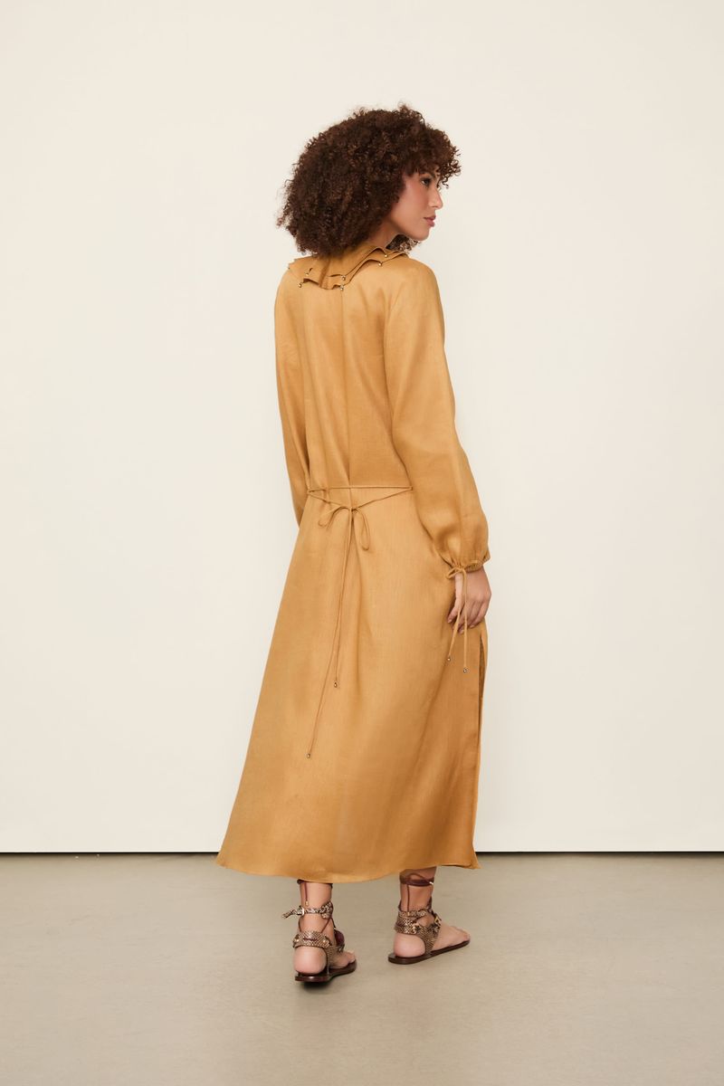Vestido De Linho Longo Com Babados