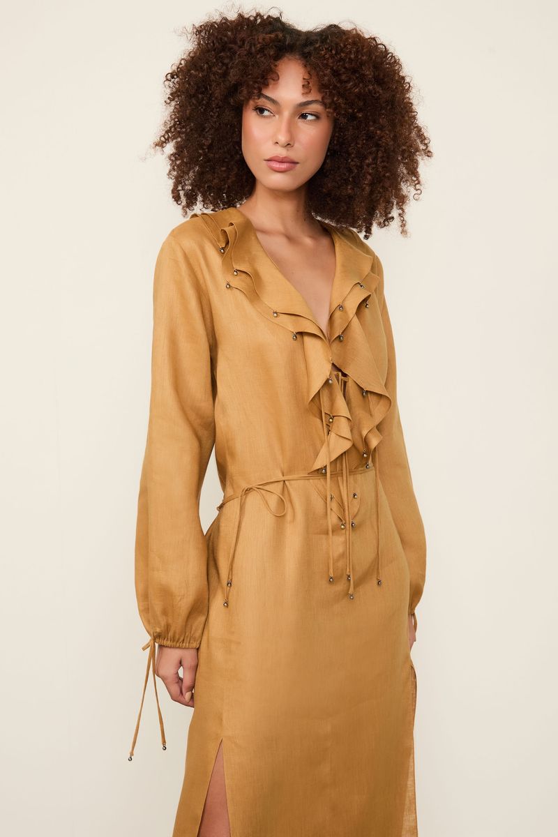 Vestido De Linho Longo Com Babados