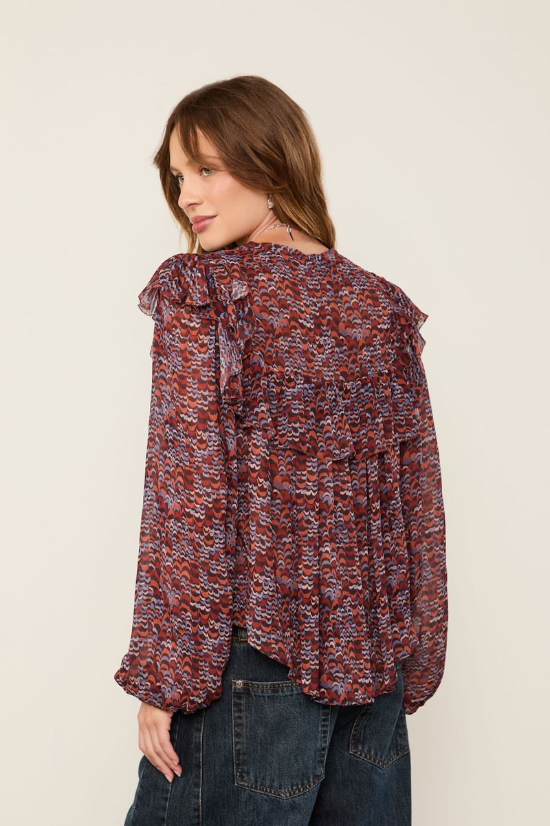 Blusa De Georgette Estampada Manga Longa Com Babados