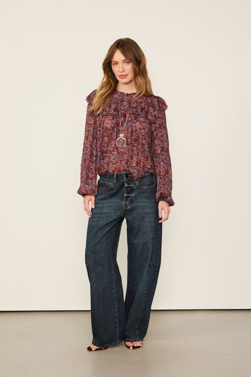 Blusa De Georgette Estampada Manga Longa Com Babados