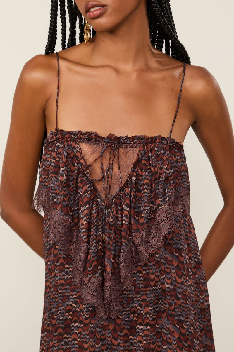 Vestido De Georgette Midi De Alça Estampado Detalhes De Renda