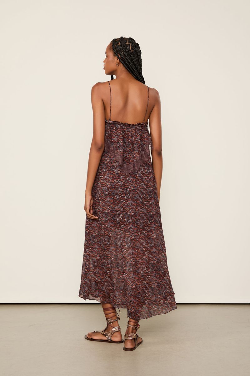 Vestido De Georgette Midi De Alça Estampado Detalhes De Renda
