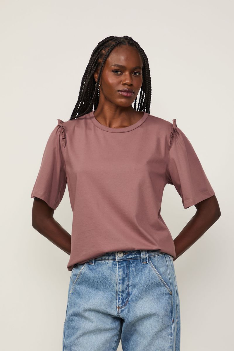 T-Shirt Babado Manga Marrom Rose