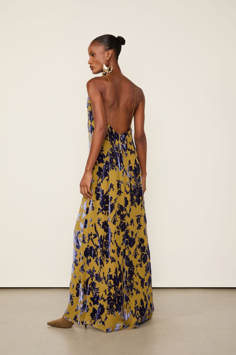 Vestido De Veludo Devorê Longo De Alça