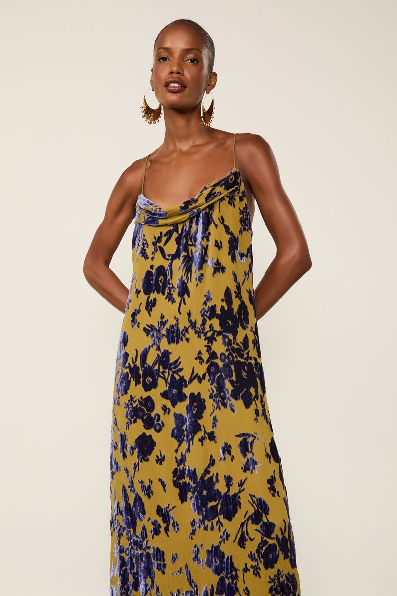 Vestido De Veludo Devorê Longo De Alça