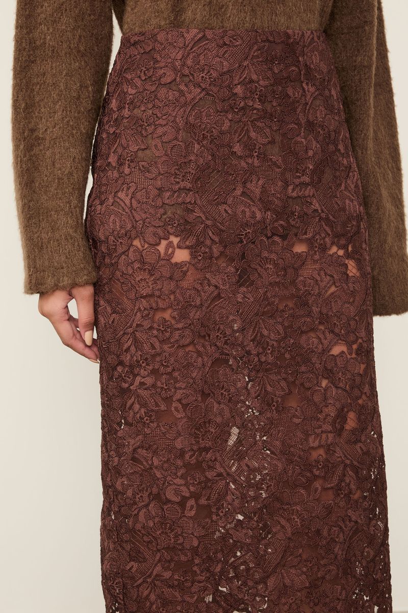 Saia De Renda Midi Marrom Dries