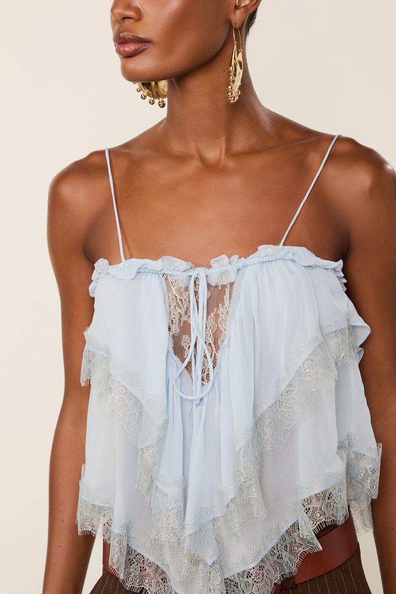 Top De Gorgette Leve De Alcinha Azul Babados Com Renda