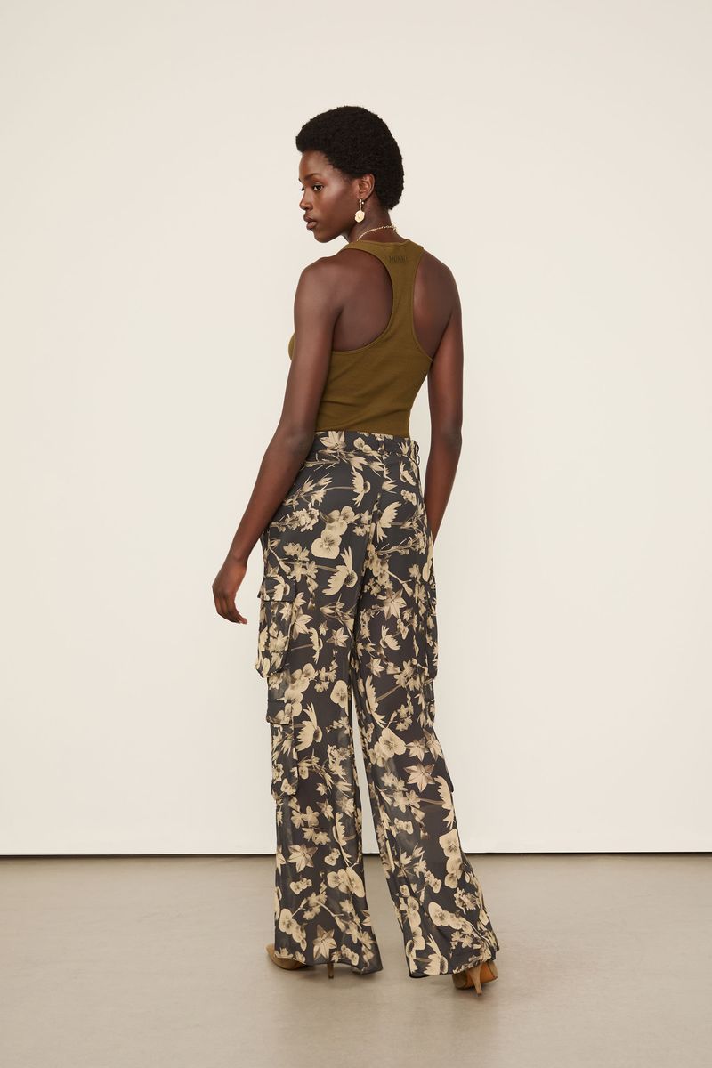 Calça De Georgette Cargo Fluida Estampada