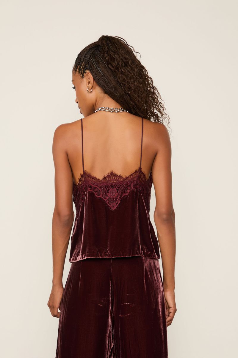 Regata Em Veludo Marrom Boho Detalhe Em Renda