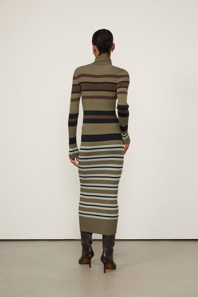 Vestido De Tricot Midi Listrado Com Lurex Gola Alta