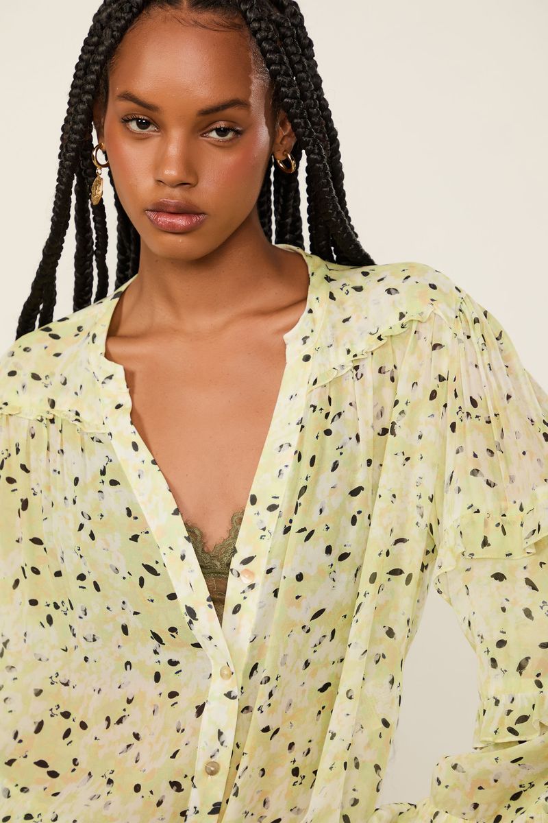 Camisa De Georgette Manga Babados Estampada