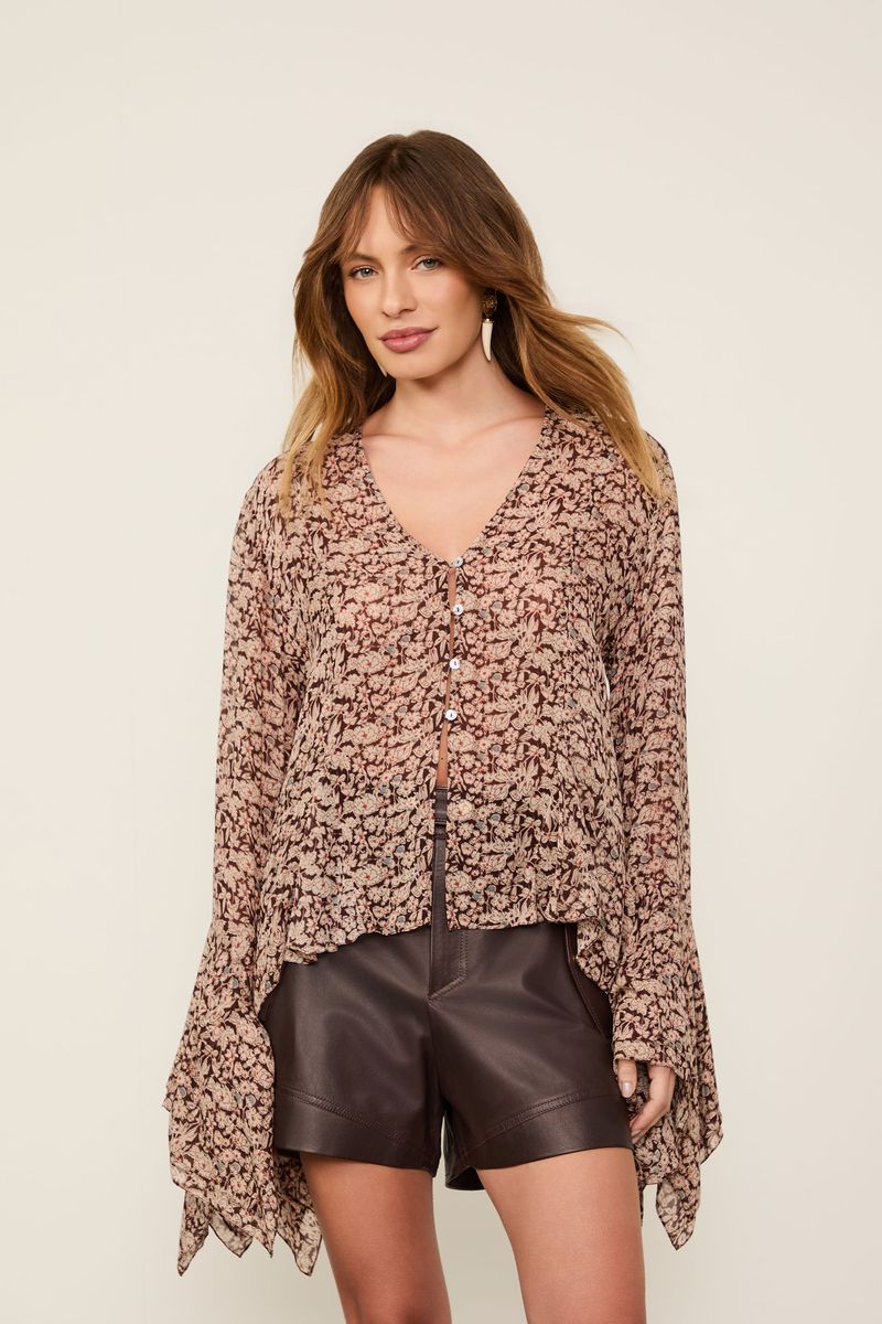 Camisa De Georgette Punho Duplo Estampada Abotoamento Frontal