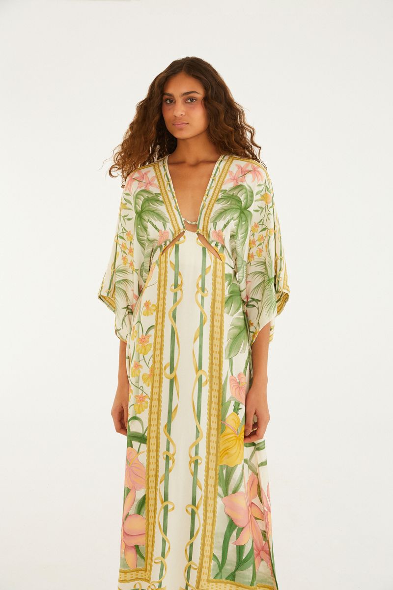 Vestido Longo Manga Estampado Capri