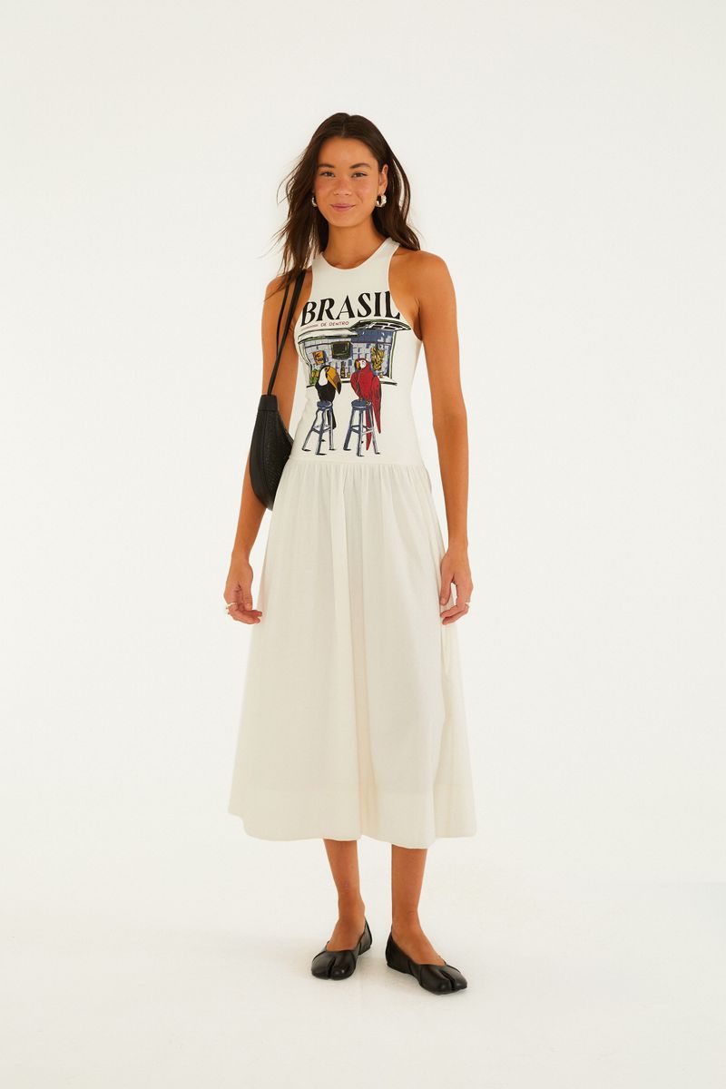 Vestido Midi Godê Estampado Pássaros Brasil