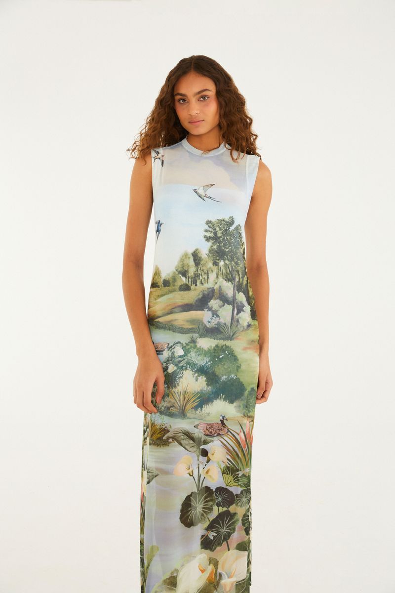 Vestido Sobreposição Tule Estampado Boa Vista