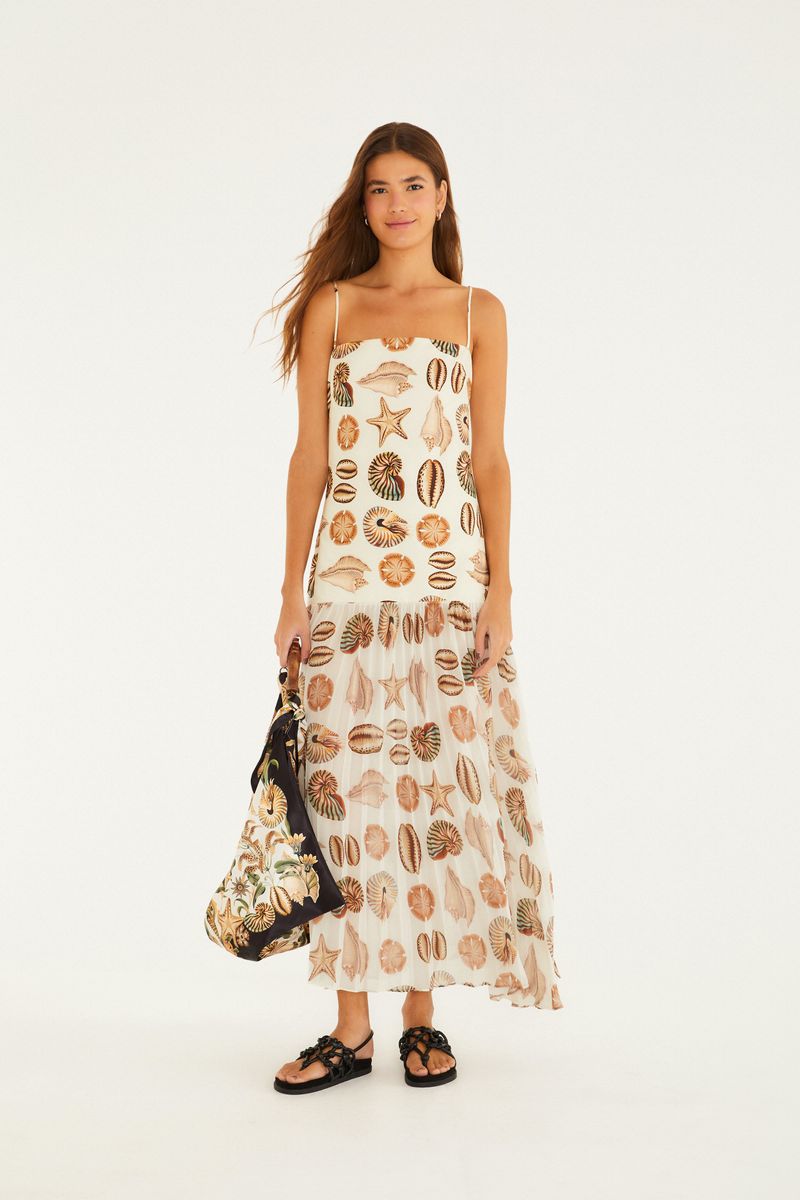 Vestido Plissado Estampado Conchas