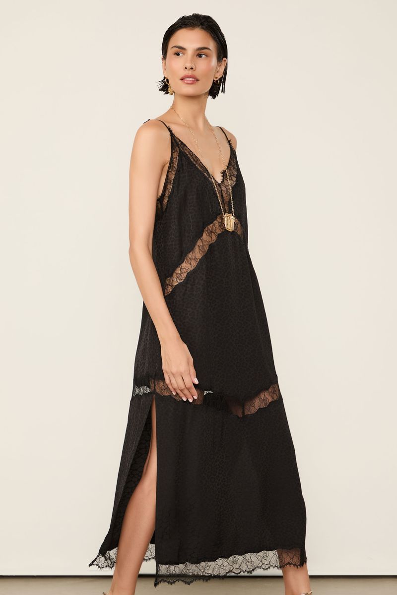 Vestido De Jacquard De Alça Preto Com Aplicações De Renda