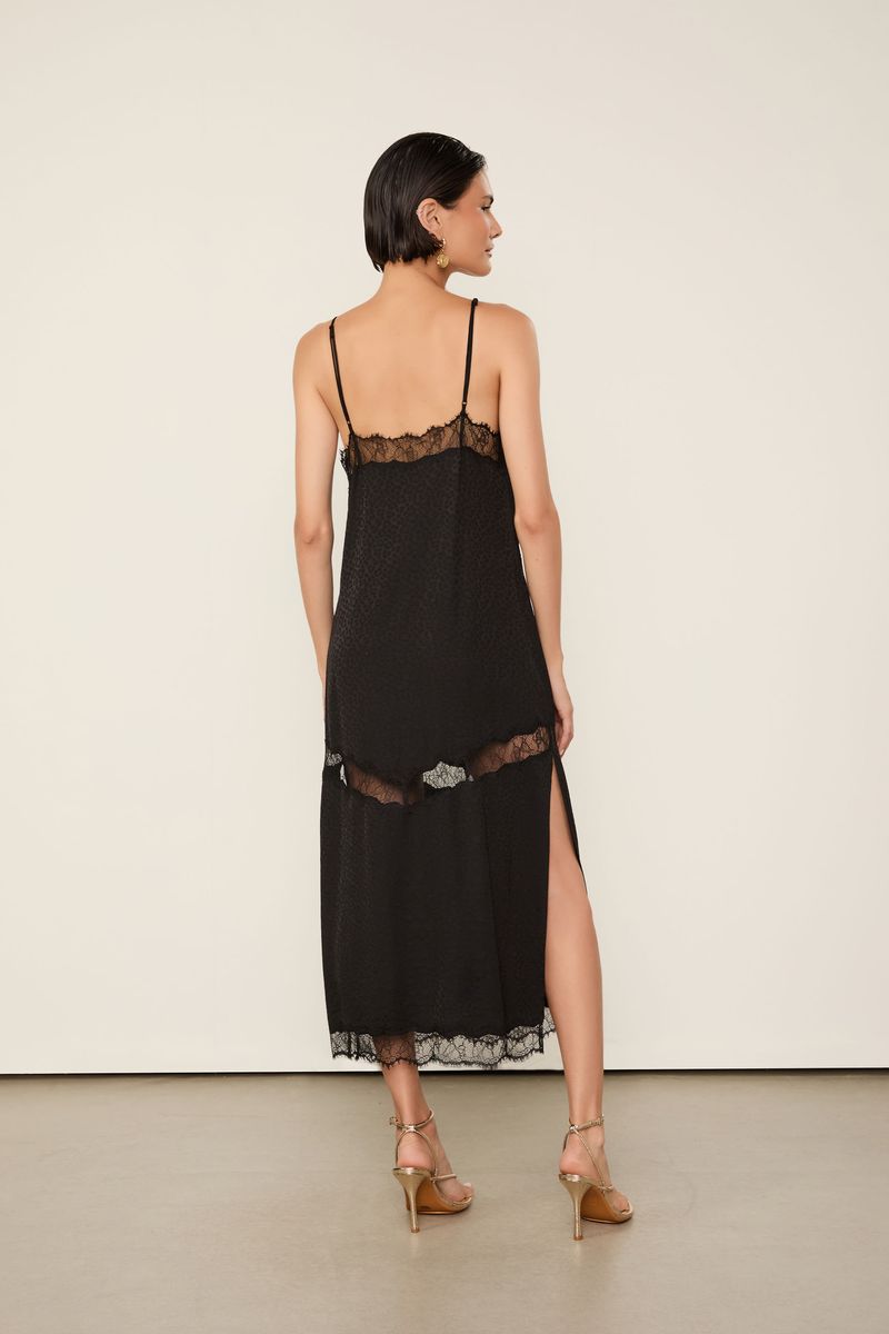 Vestido De Jacquard De Alça Preto Com Aplicações De Renda