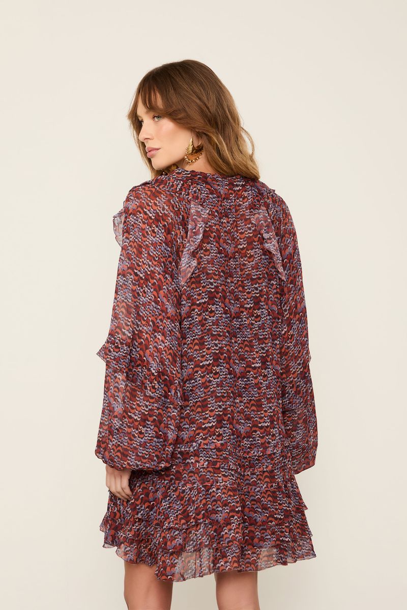 Vestido De Georgette Curto Estampado Manga Longa Com Babados