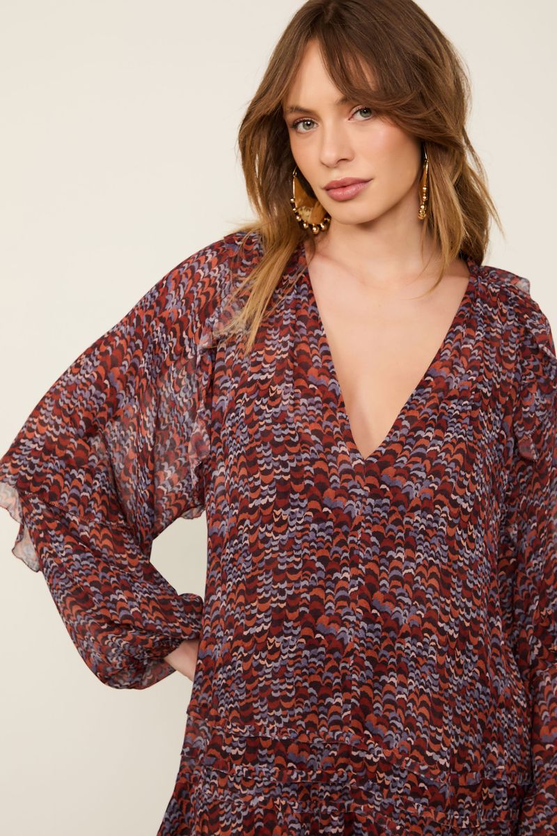 Vestido De Georgette Curto Estampado Manga Longa Com Babados