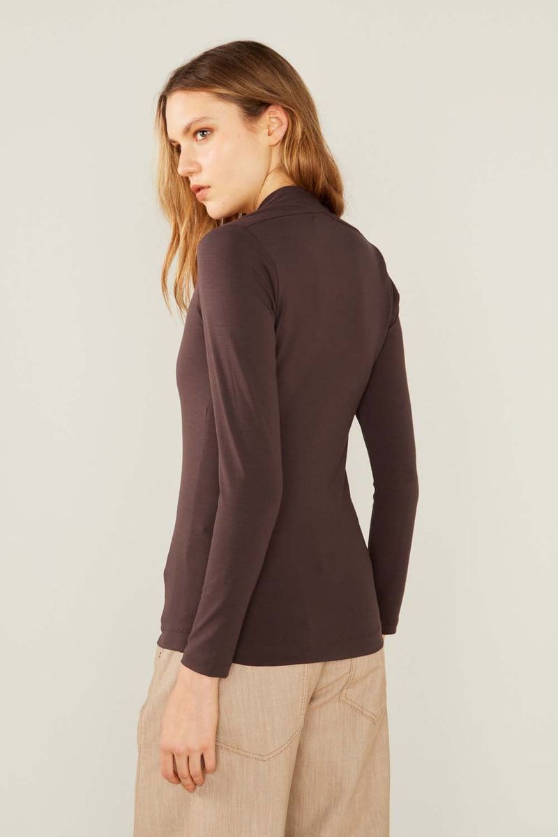 Blusa Malha Manga Longa Decote v - Marrom Mascavo