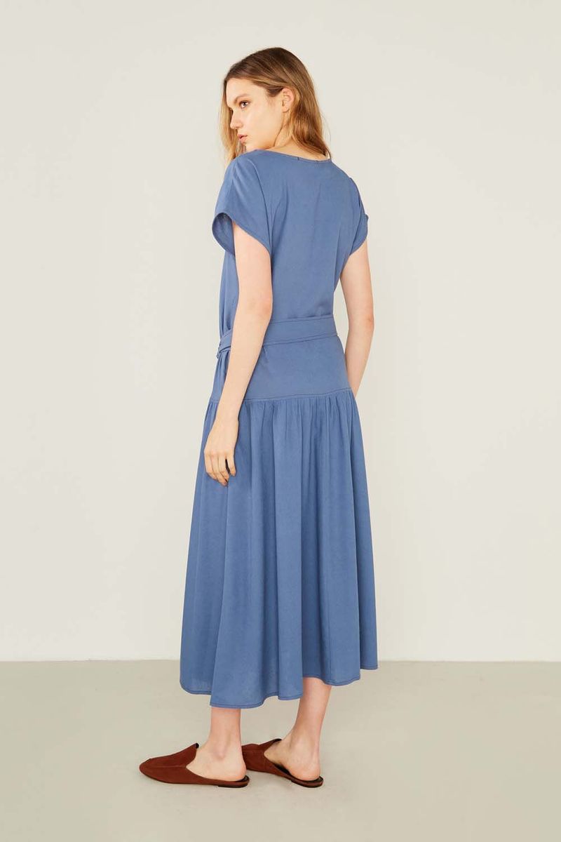 Vestido Casual Linho Com Fivela - Azul Indie