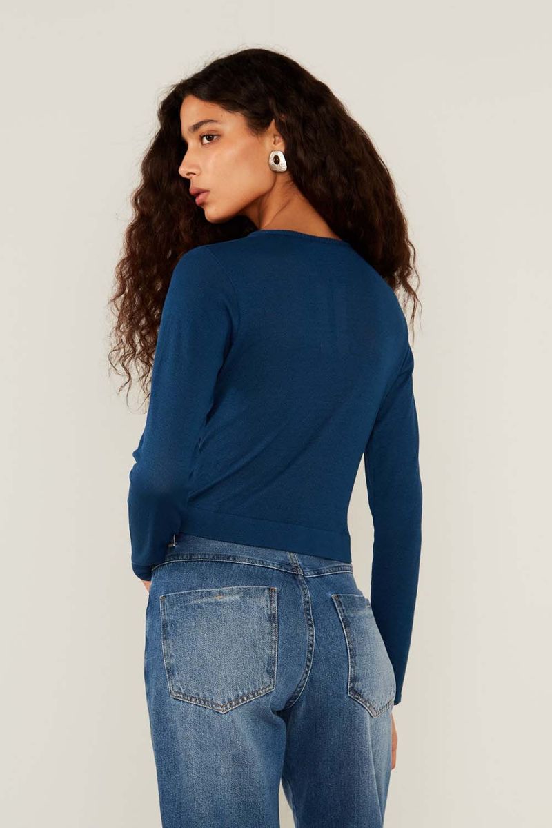 Blusa Malha Manga Longa Tricot - Azul Escuro
