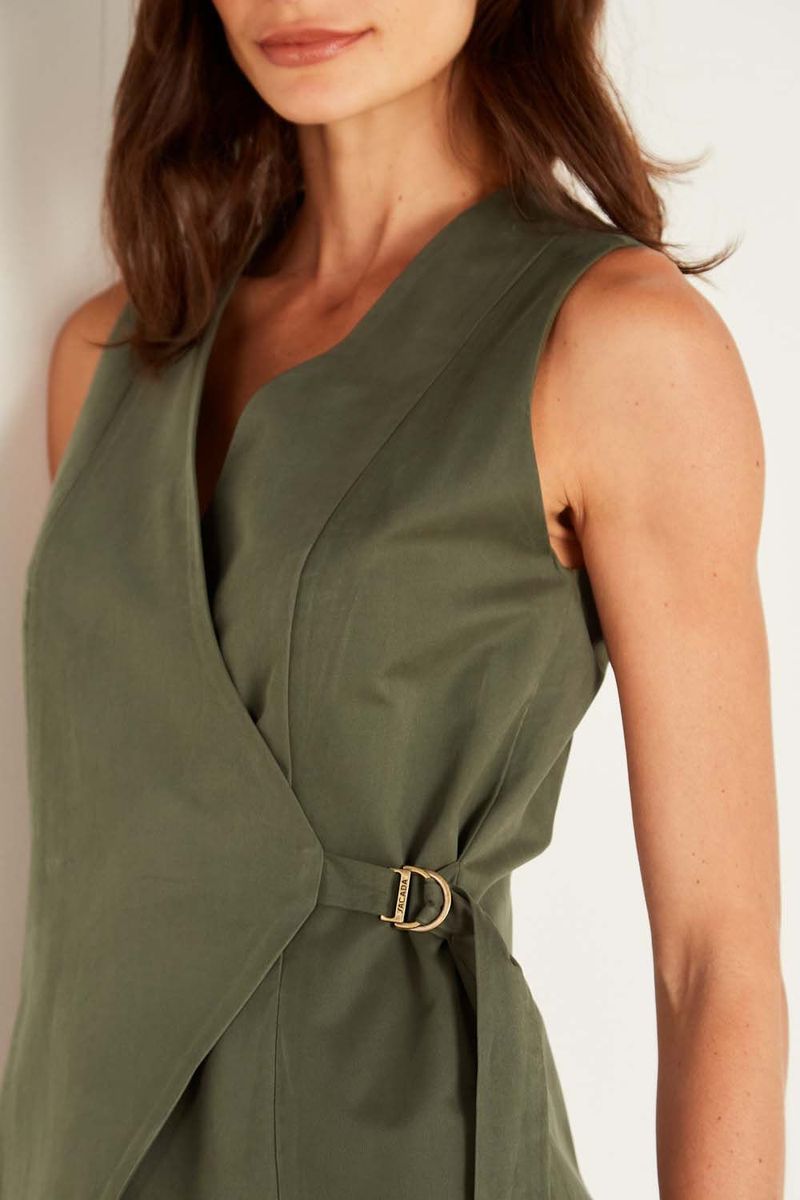 Colete Casual Longo Transpasse - Verde Militar