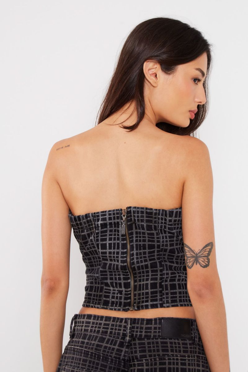 Top Jeans Xadrez Retilínea - Jeans