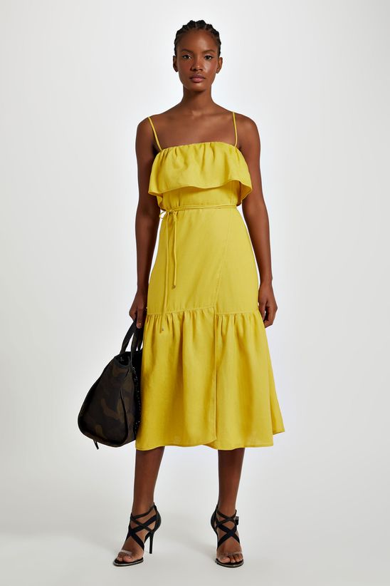 vestido de linho midi amarelo