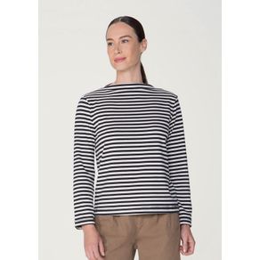 Blusa Feminina Listrada Decote Canoa Manga Longa - Azul Menor preço em Blusa Feminina Listrada Decote Canoa Manga Longa - Azul