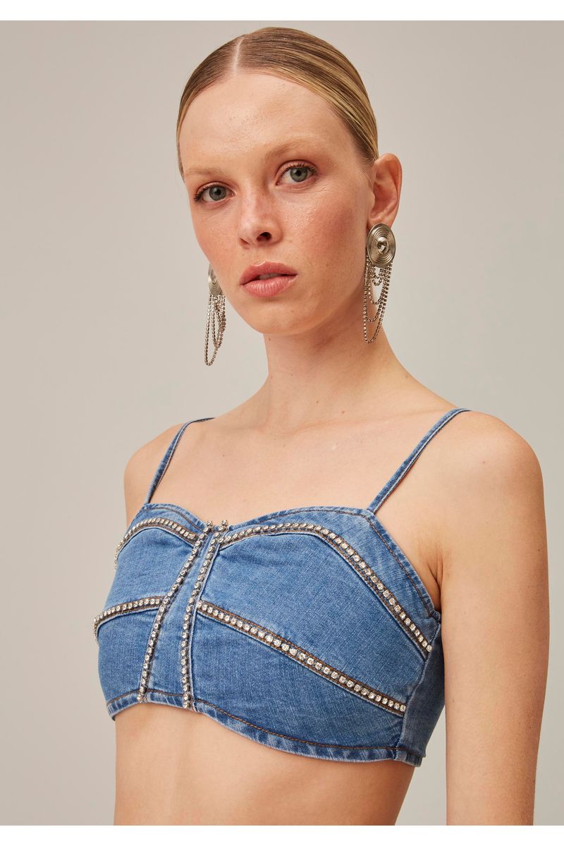 Top Jeans Cropped De Alça Glam