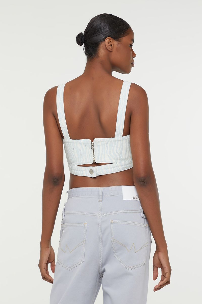 Top Jeans Avesso Estampado e Paetê
