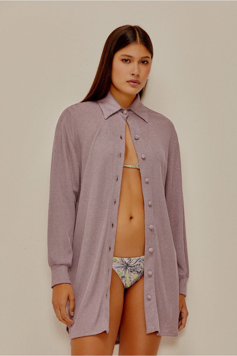 Chemise Manga Longa Flor de Sálvia Canelado