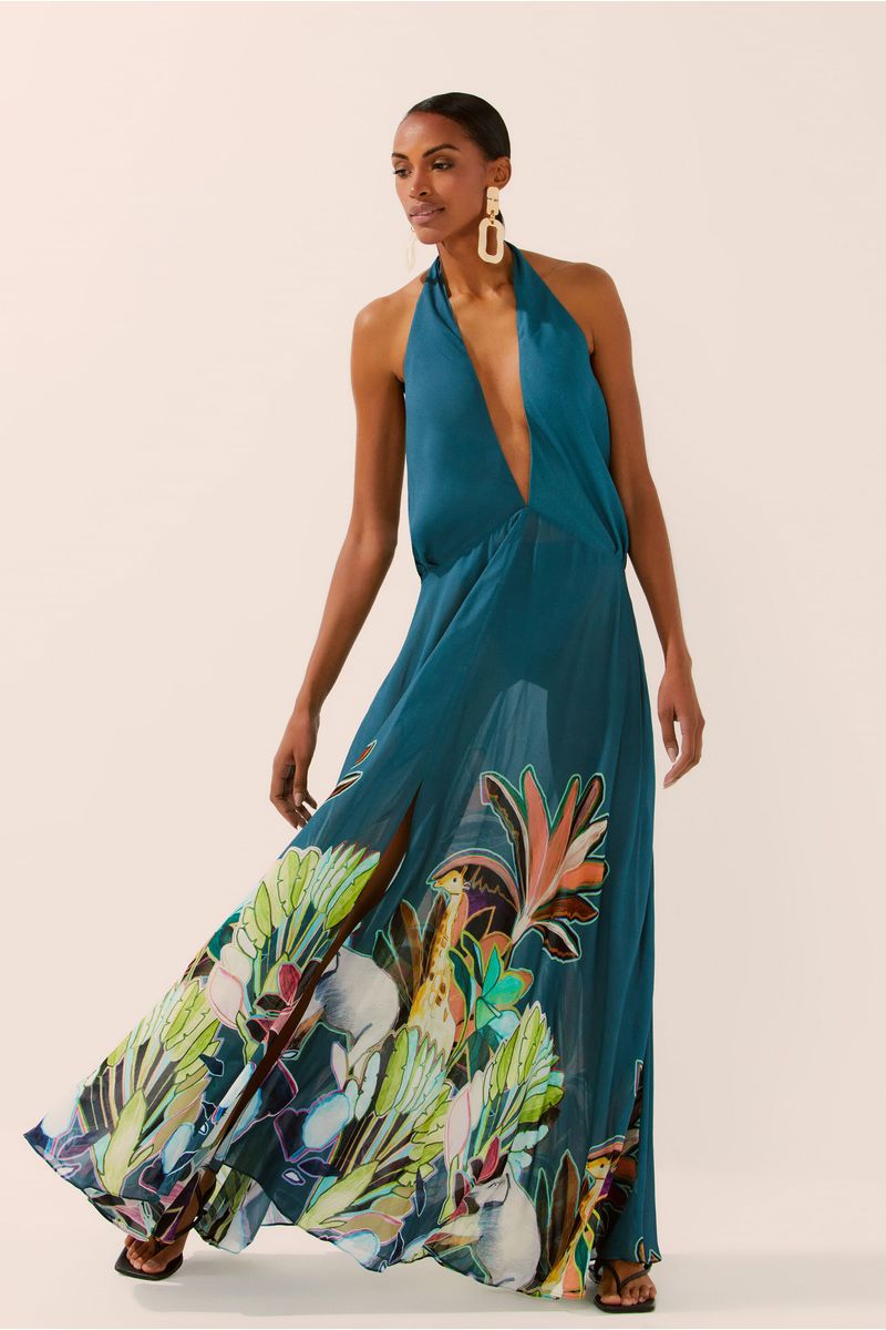 Vestido Longo Decote V Floresta Ilustrada Localizada