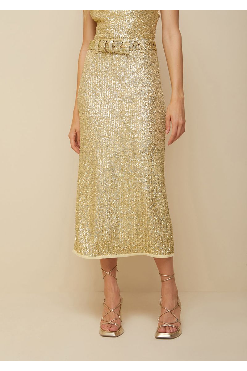 Saia Morena Rosa Midi Reta Com Cinto Dourado