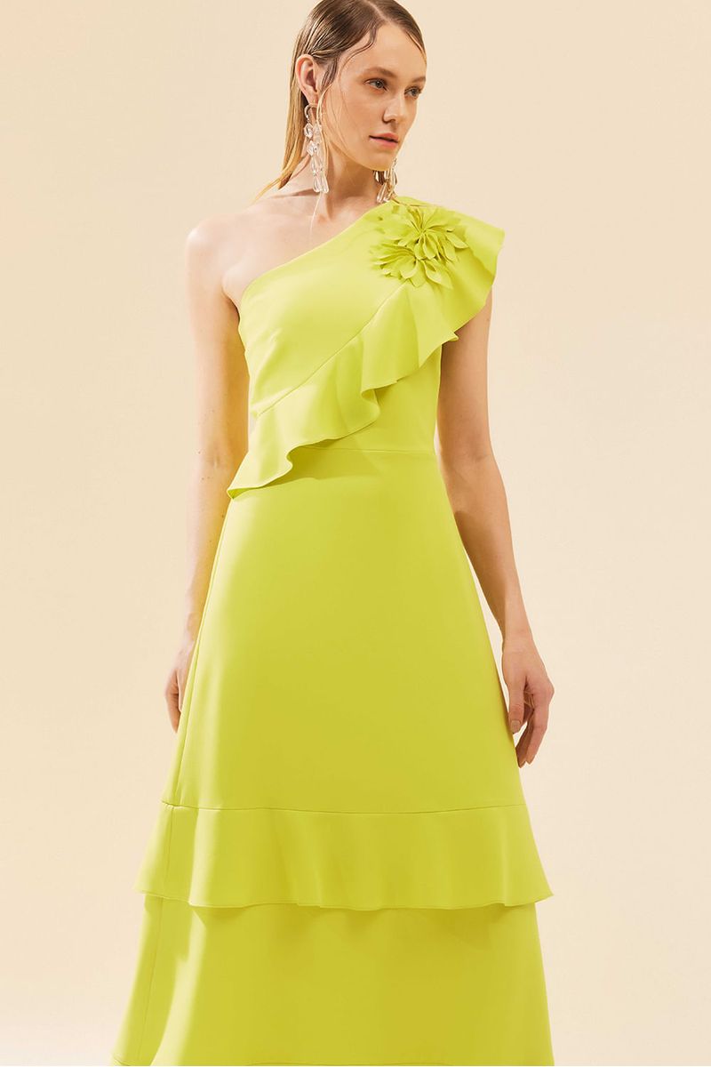 Vestido festa jabot flor amarelo lima