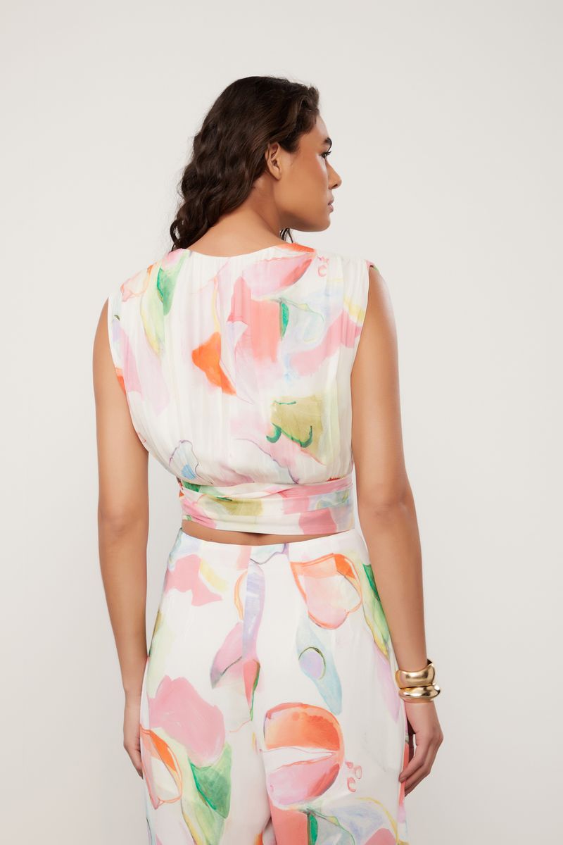 Top De Georgette Pesado Amaração Estampado Decote v