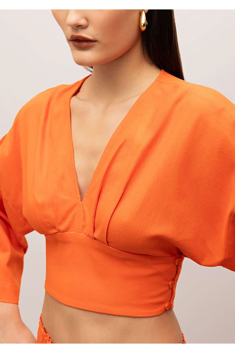 Blusa Iódice Decote V Manga Raglan 7/8 Com Pregas Laranja