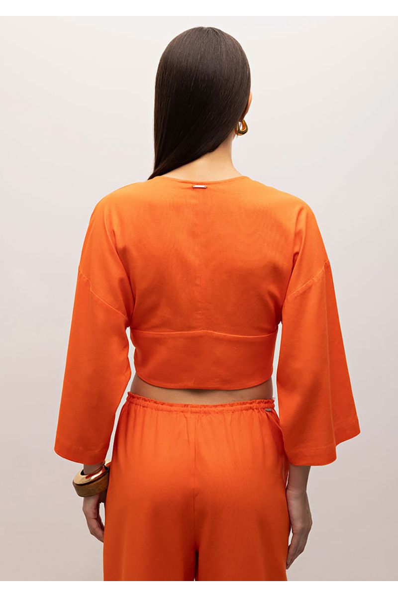 Blusa Iódice Decote V Manga Raglan 7/8 Com Pregas Laranja