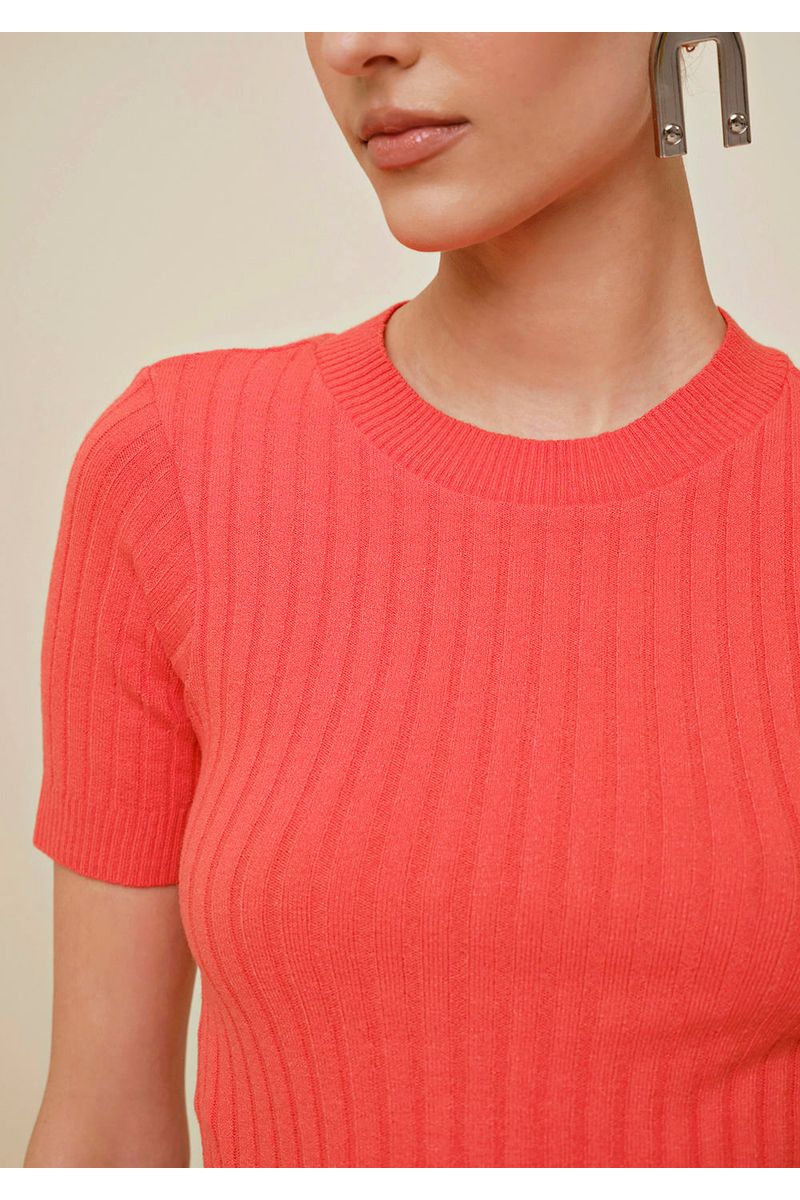 Blusa Morena Rosa Decote Redondo Manga Curta Tricôt Laranja