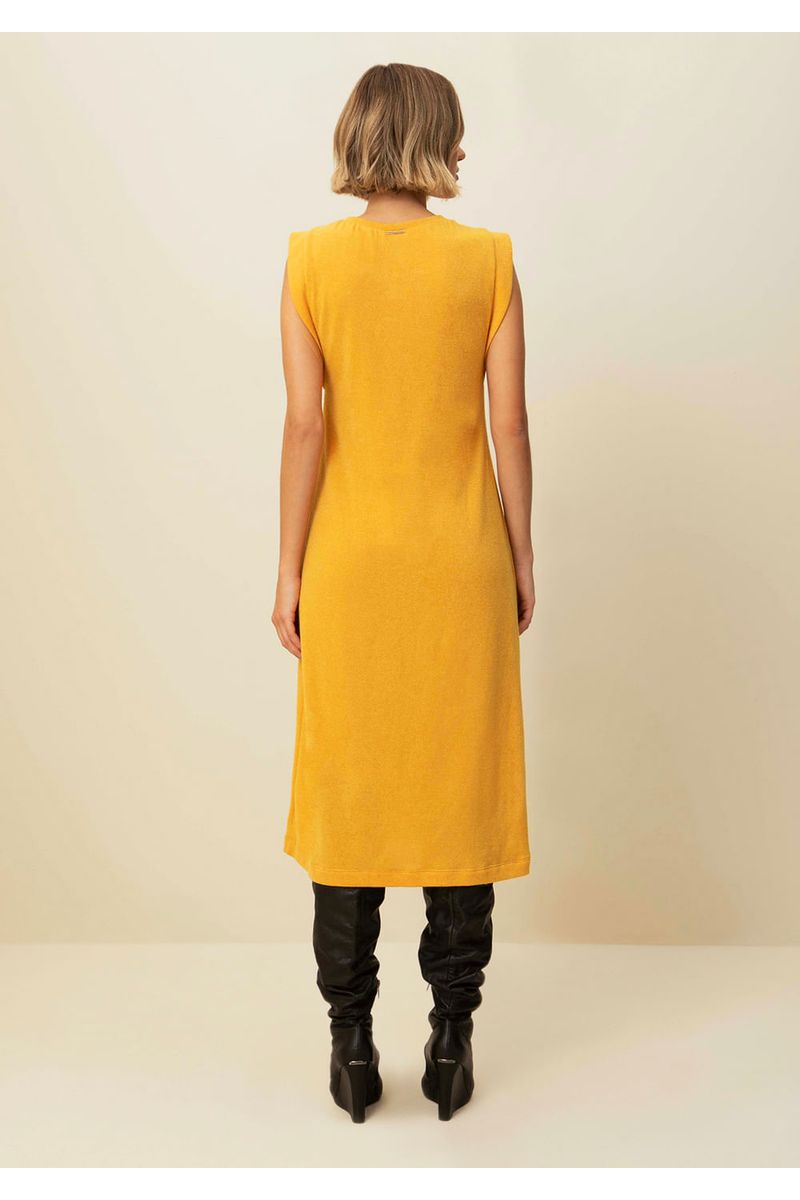 Vestido Morena Rosa Midi Decote Redondo Com Franzido Amarelo