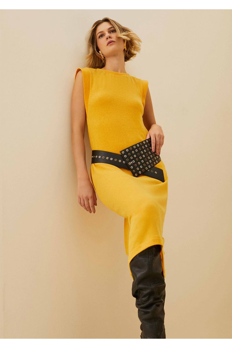 Vestido Morena Rosa Midi Decote Redondo Com Franzido Amarelo
